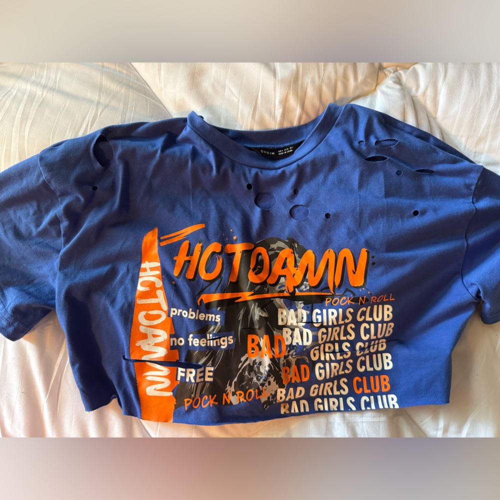 SHEIN Blue Crop Top with Orange and White Graphic